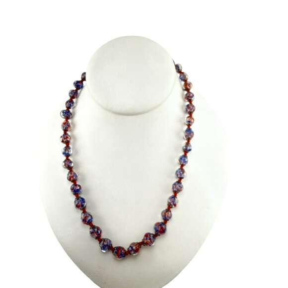 Murano Style Art Glass Bead Necklace Red White Blue Handcrafted Jewelry - Picture 1 of 9